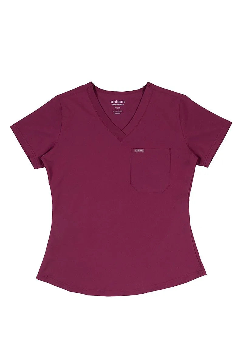 Uniforme Quirúrgico Four Way Stretch color vino para mujer con cuello en v